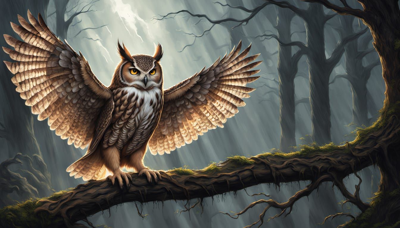 Majestic Owl Protects Forest Creatures from Storm