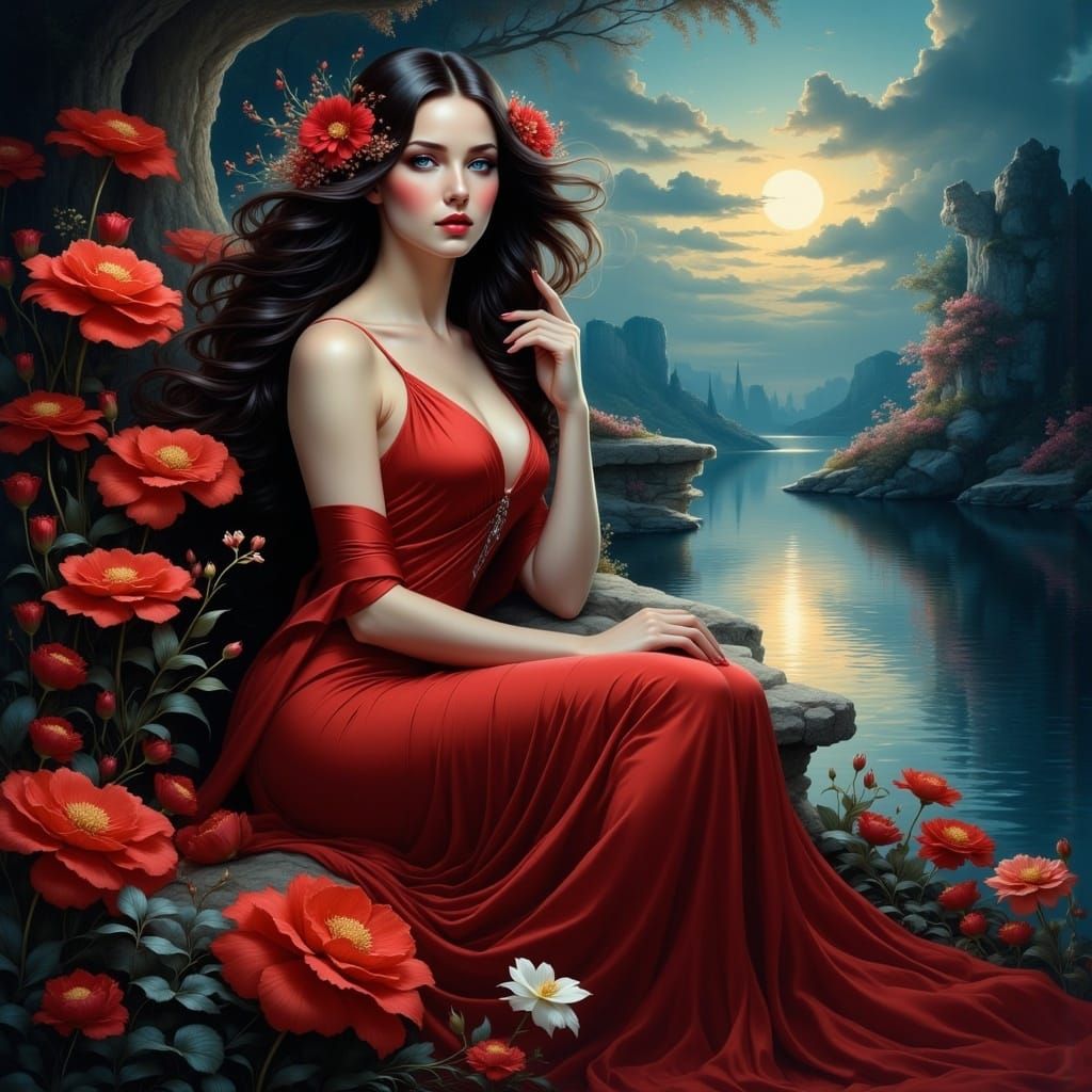 Woman in Red Gown by Moonlit Water