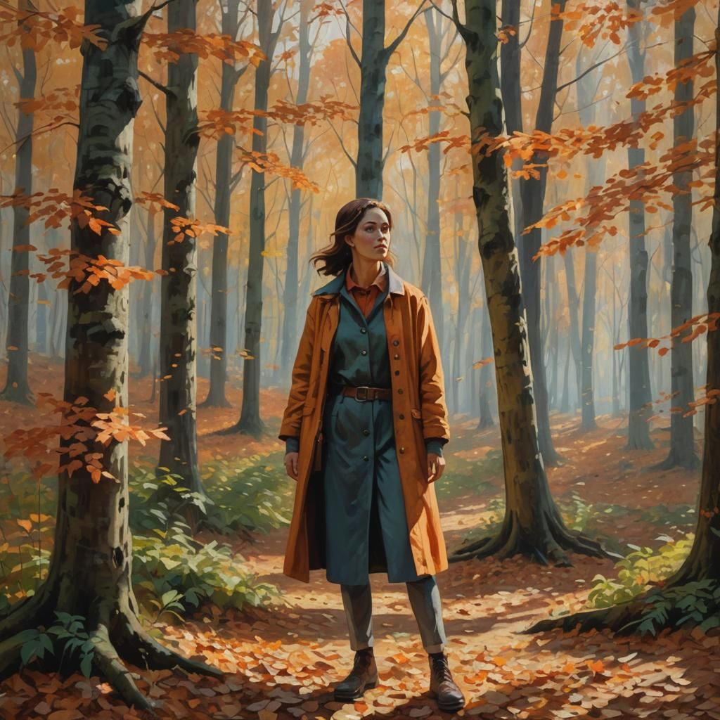 Woman in Forest of Falling Leaves: Impressionist Oil Paintin...