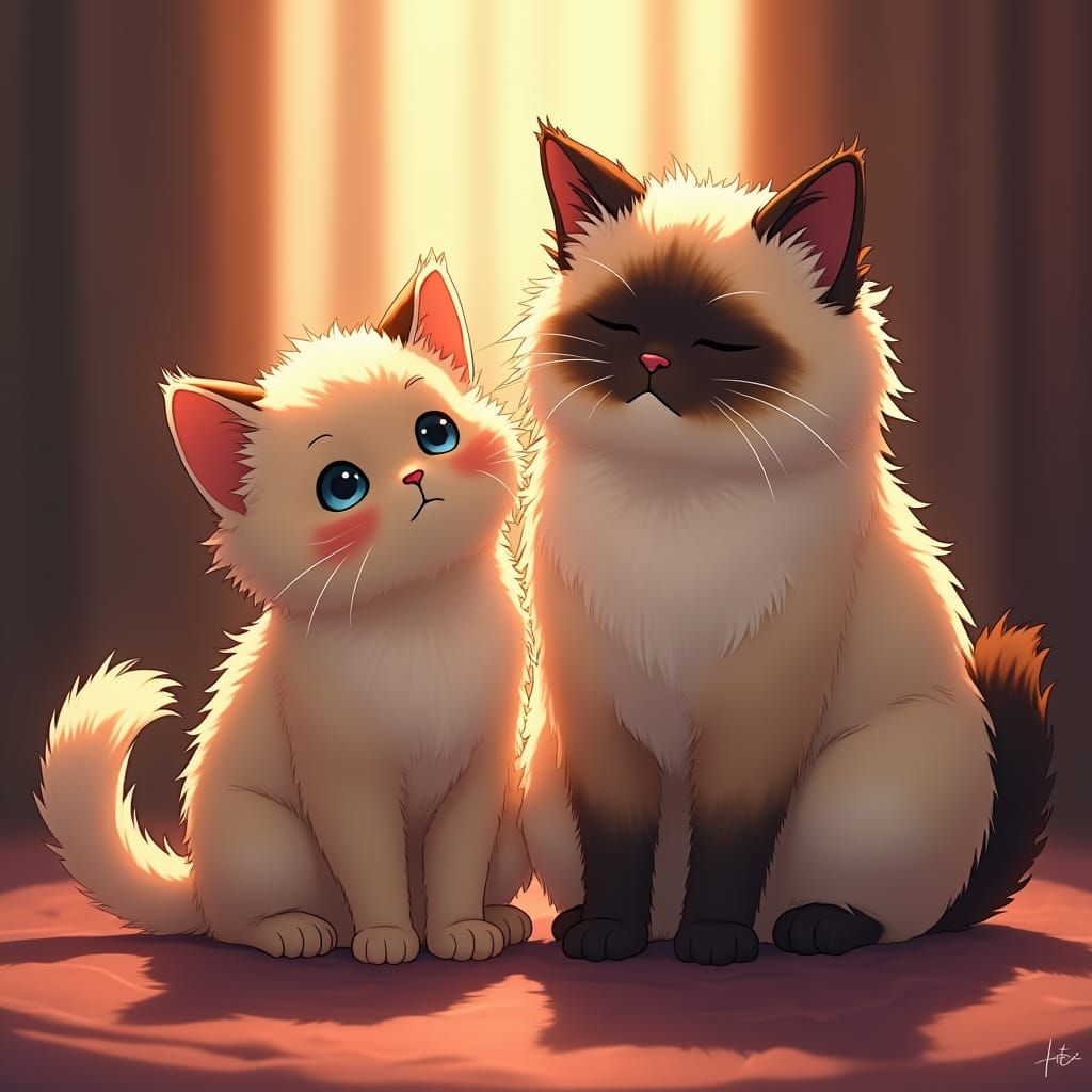 Ragdoll Kitten and Cat in Studio Trigger Anime Style