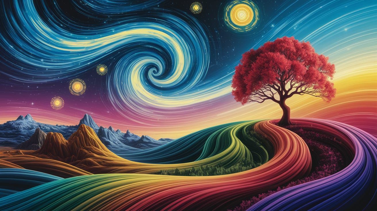 Dreamy Starry Night Landscape with a Lone Red Tree