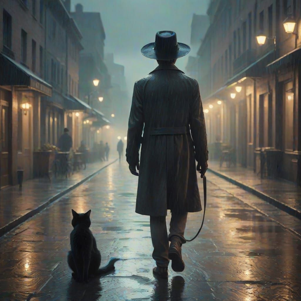 Noir Figure Walks Rainy Alley in Vintage Style