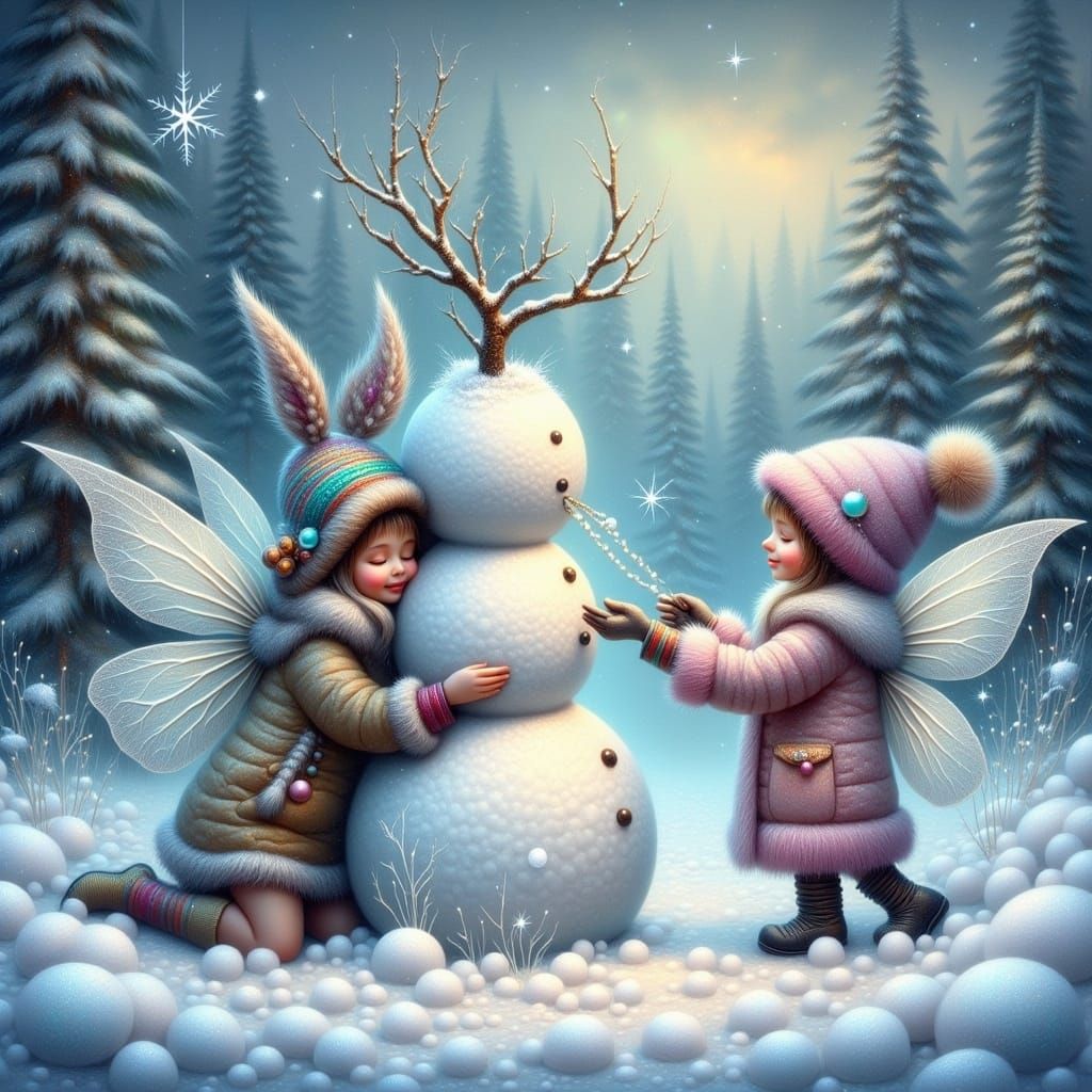 Winter Fairies Build Majestic Snowman in Whimsical Fantasy S...