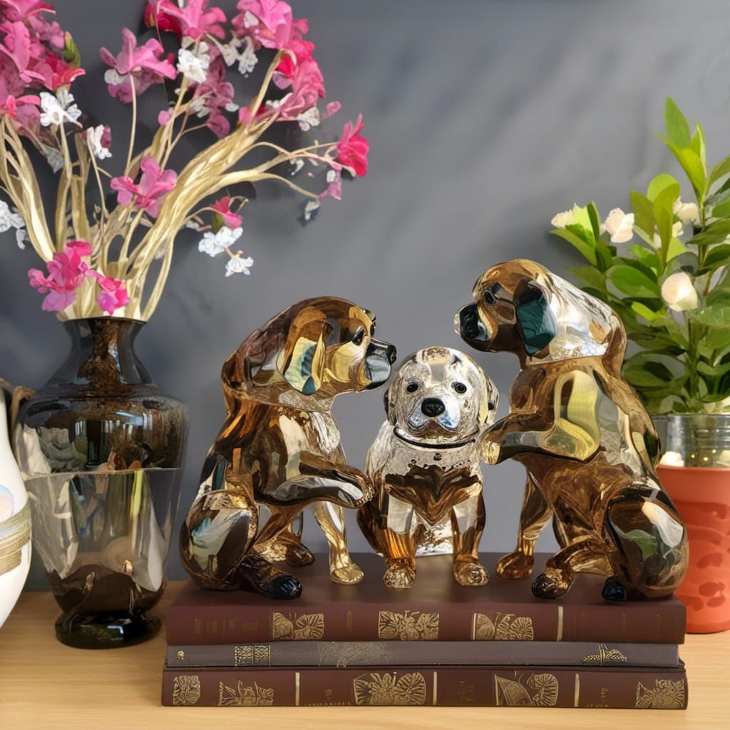 Glass Pugs on Shelf: Photorealistic 8k Rendering