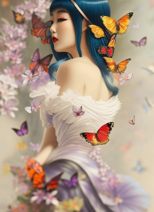 Colorful Geisha and Butterflies in Digital Art
