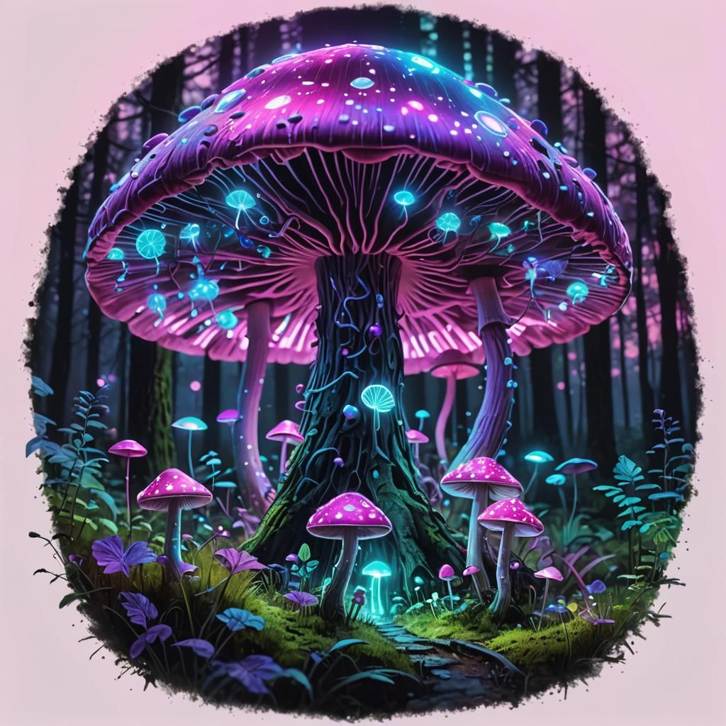 Glowing Mushroom Humanoids in a Magical Forest