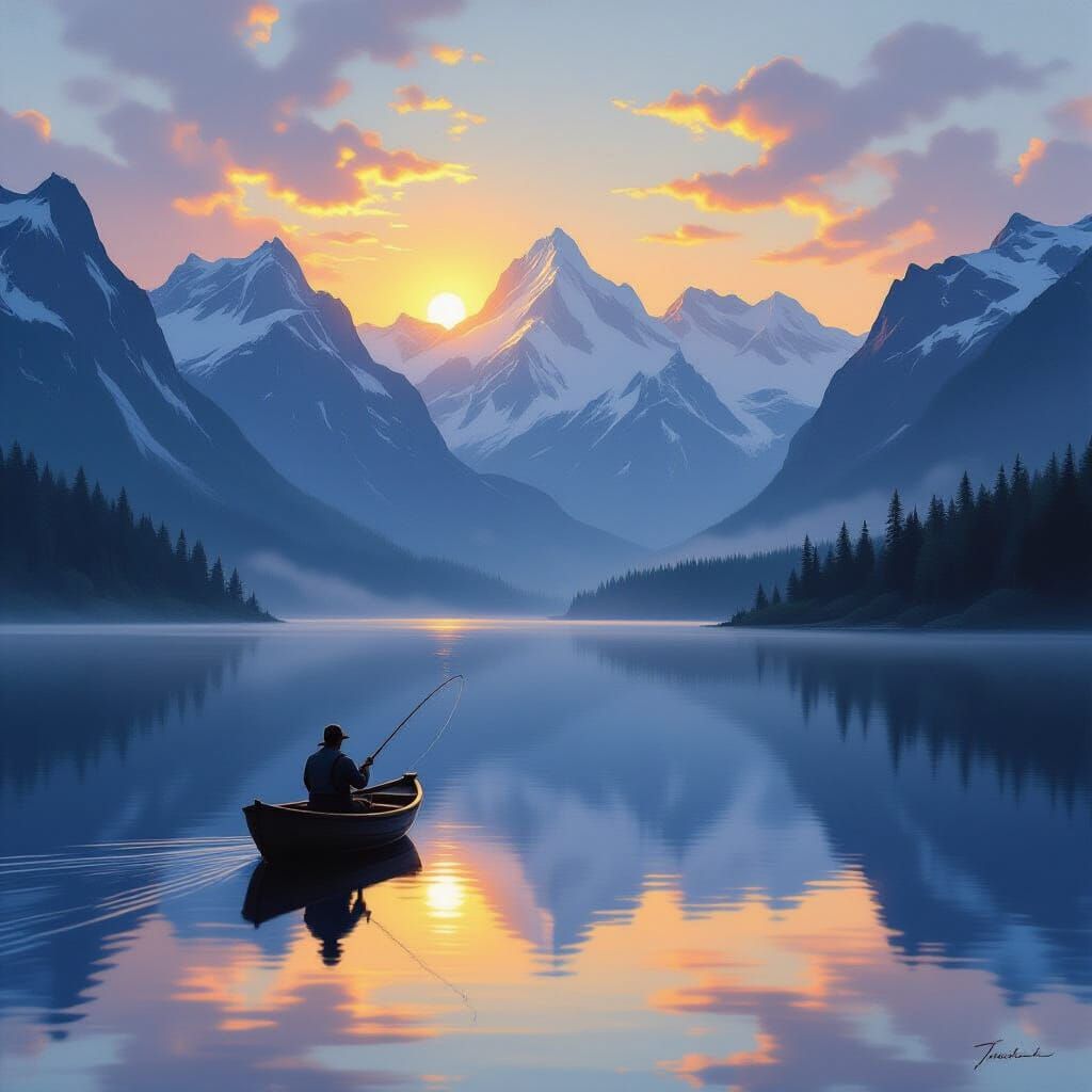 Fisherman on Misty Lake at Dawn in Classical Landscape Style