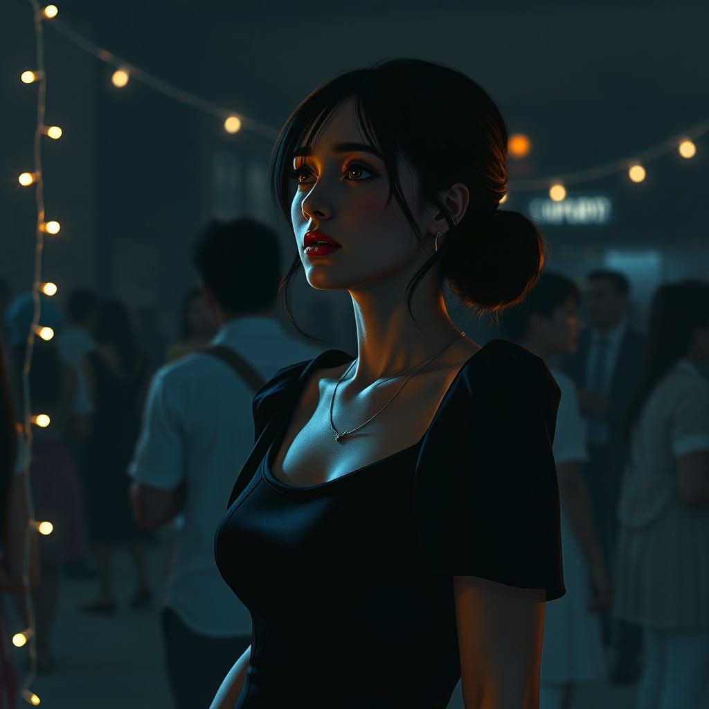 Young Woman Lost in Thought at a Dimly Lit Party