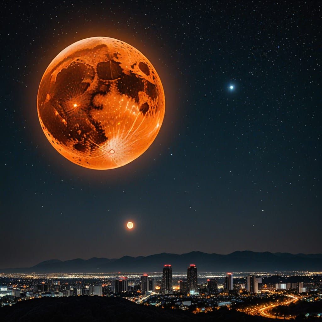 Cosmic Orange Moon in a Vibrant Galaxy