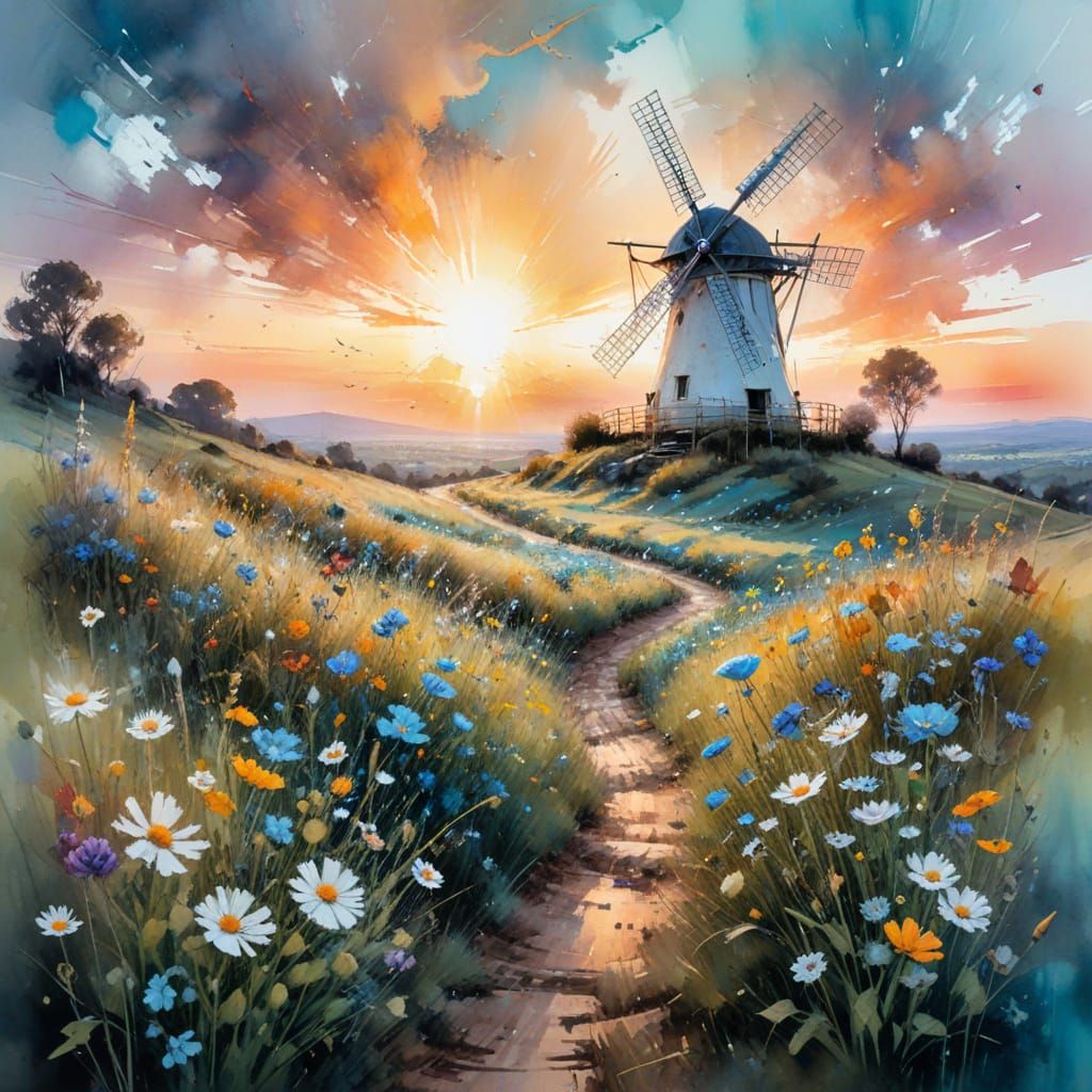 Turquoise Wildflower Fields at Sunset, Watercolor Style