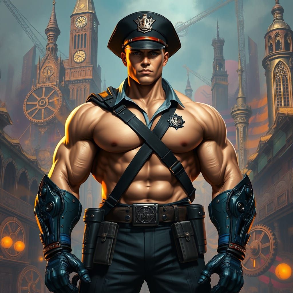 Cyborg Bodybuilder Soldier in Futuristic Colonial Attire