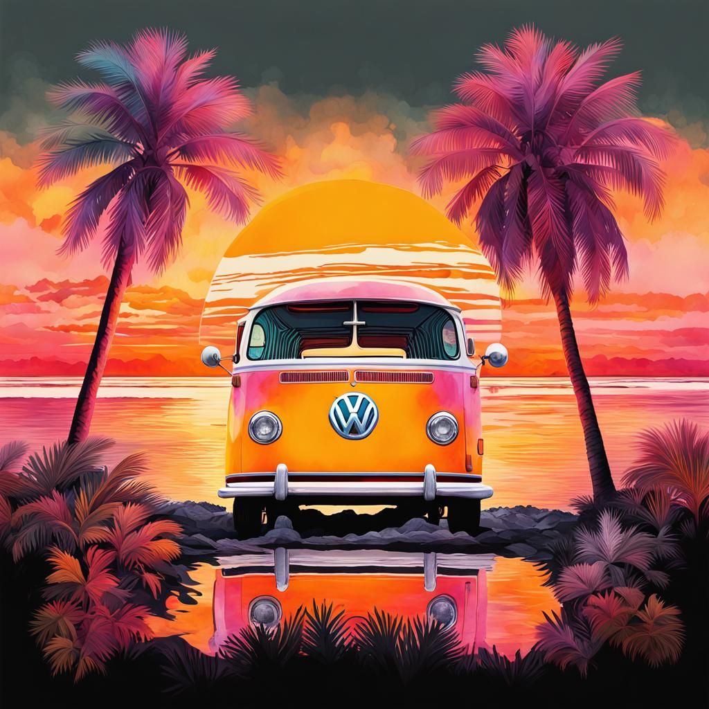 Sunset Embrace: Watercolor Illustration of VW Bus