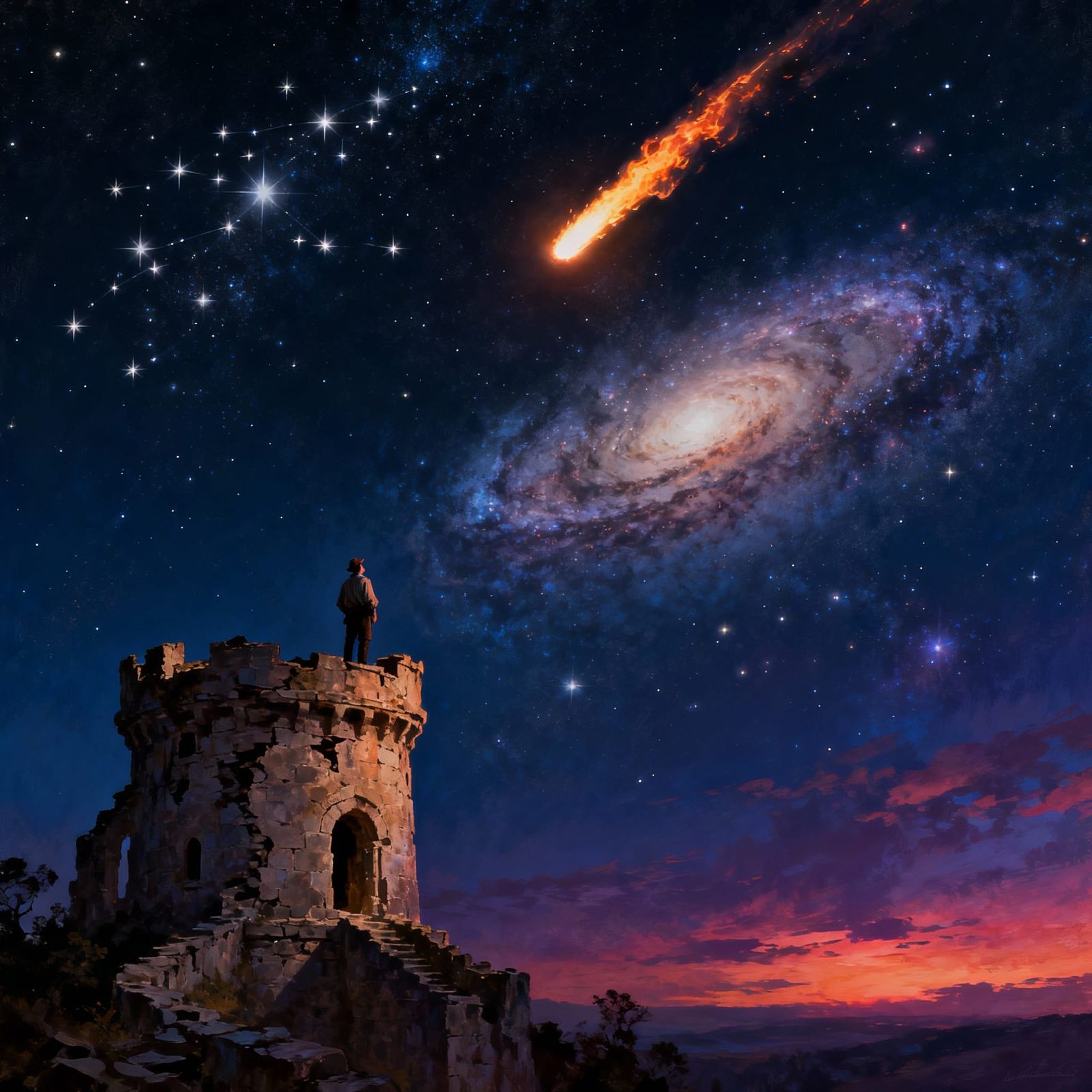 Astronomer Gazes at Pleiades and Andromeda from Ancient Towe...