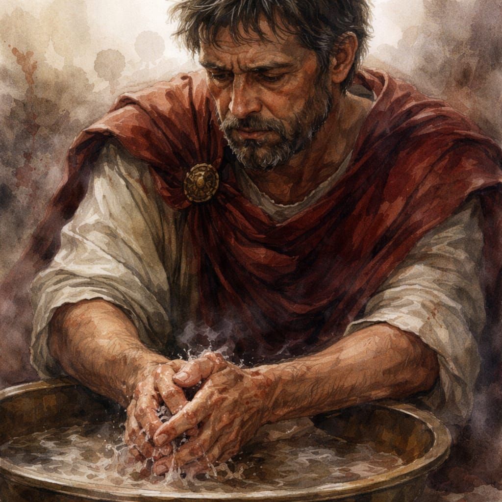 Pontius Pilate Washing Hands in Watercolor Portrait