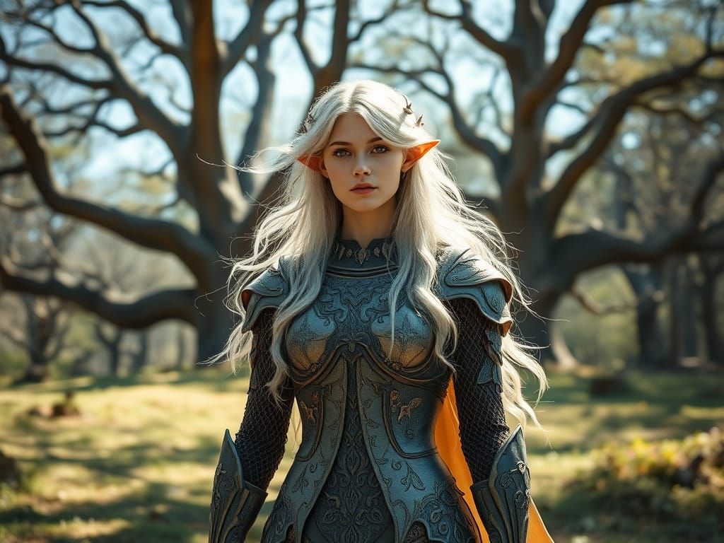Elven Queen in Sun-Dappled Forest Clearing