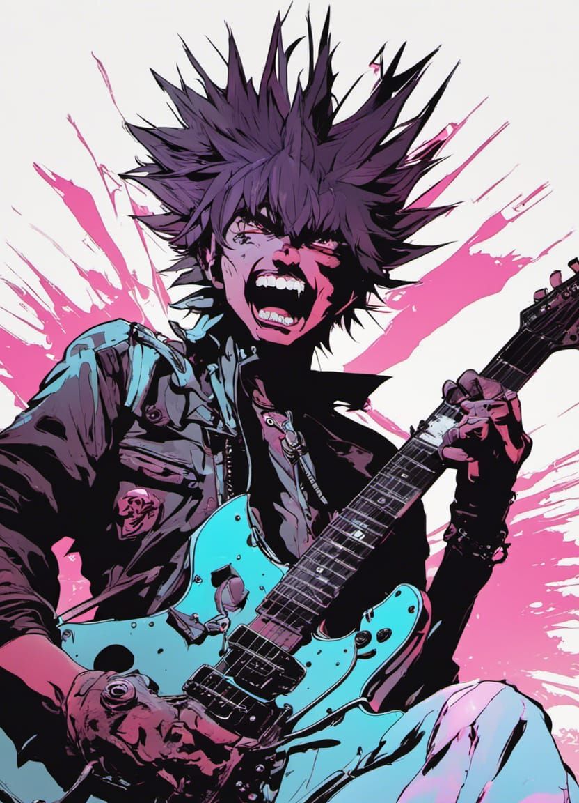 Anime Punk Rockstar Screaming in Neon Light
