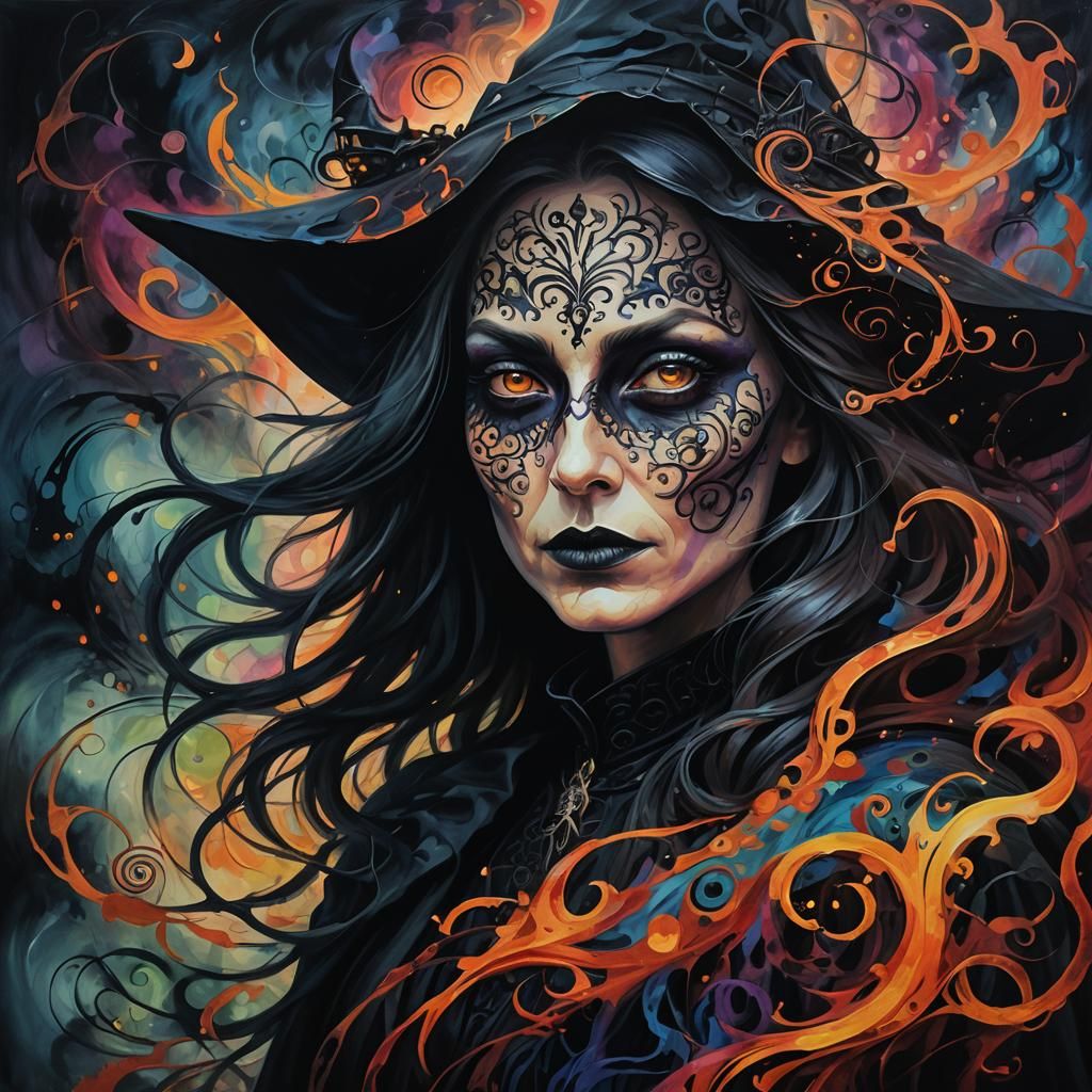 Abstract Surrealist Witch Portrait on Halloween Night