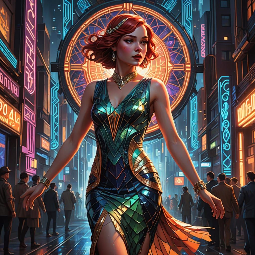 Ariel in Art Deco Cityscape with Retro-Futuristic Style