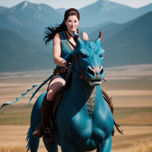 Redneck Girl Rides Blue Dragon Over Mountains