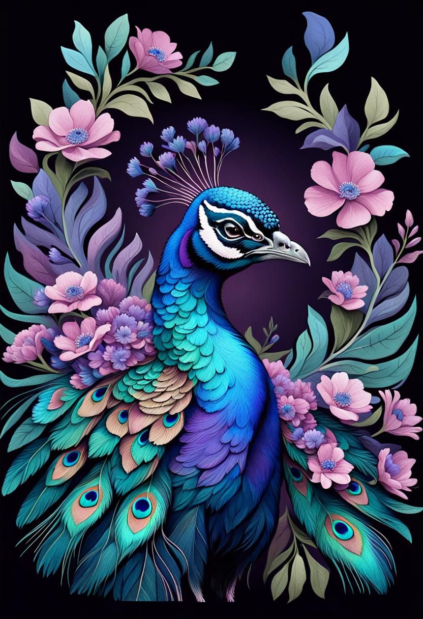 Colorful Peacock in Dark Fantasy Style, Detailed Digital Art
