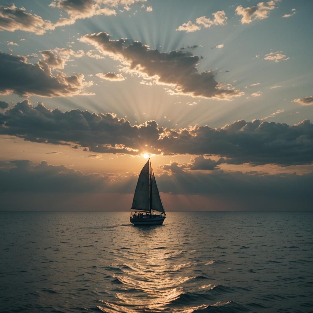 Dramatic Sunset Sailboat Silhouette in Deep Waters