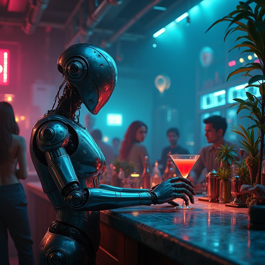 Robot Bartender Mixes Cocktail in Cyberpunk Bar