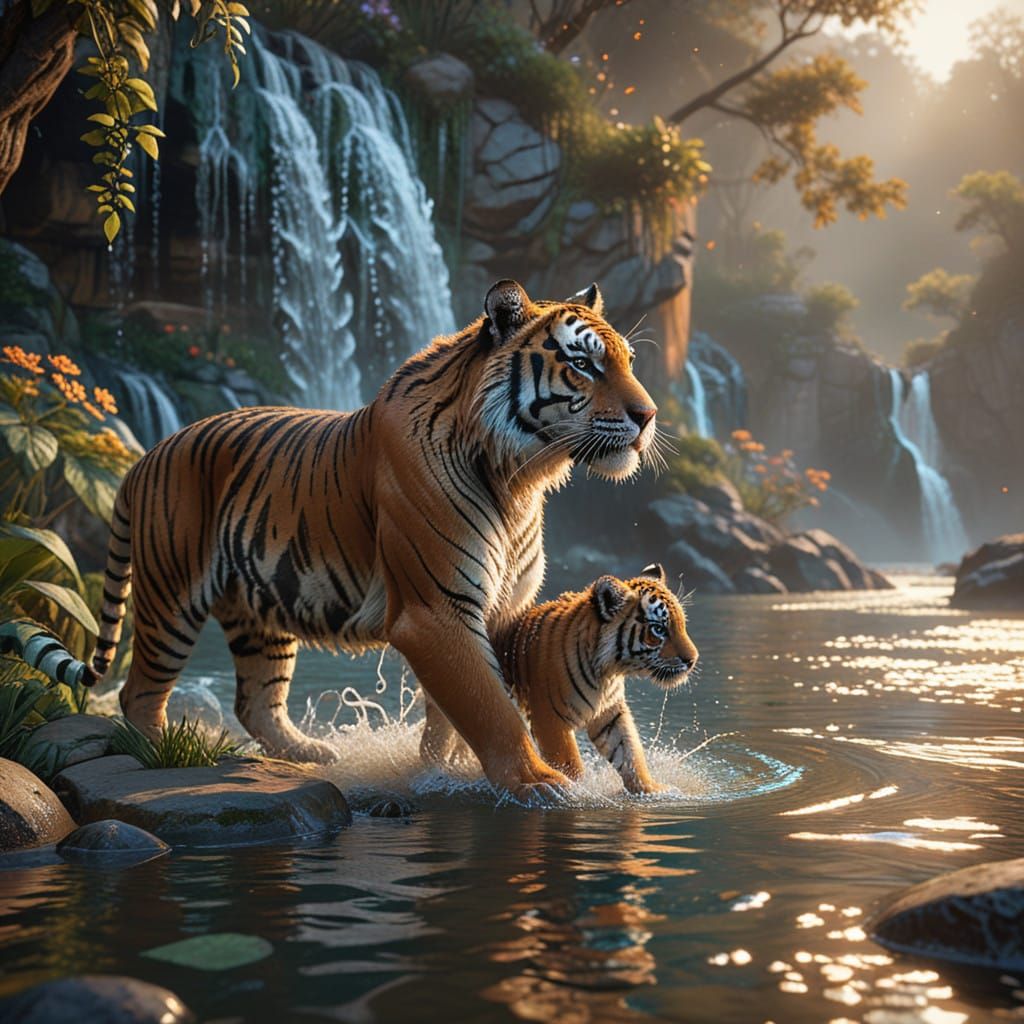 Majestic Tiger Mama with Cubs in Vibrant Waterfall Scene