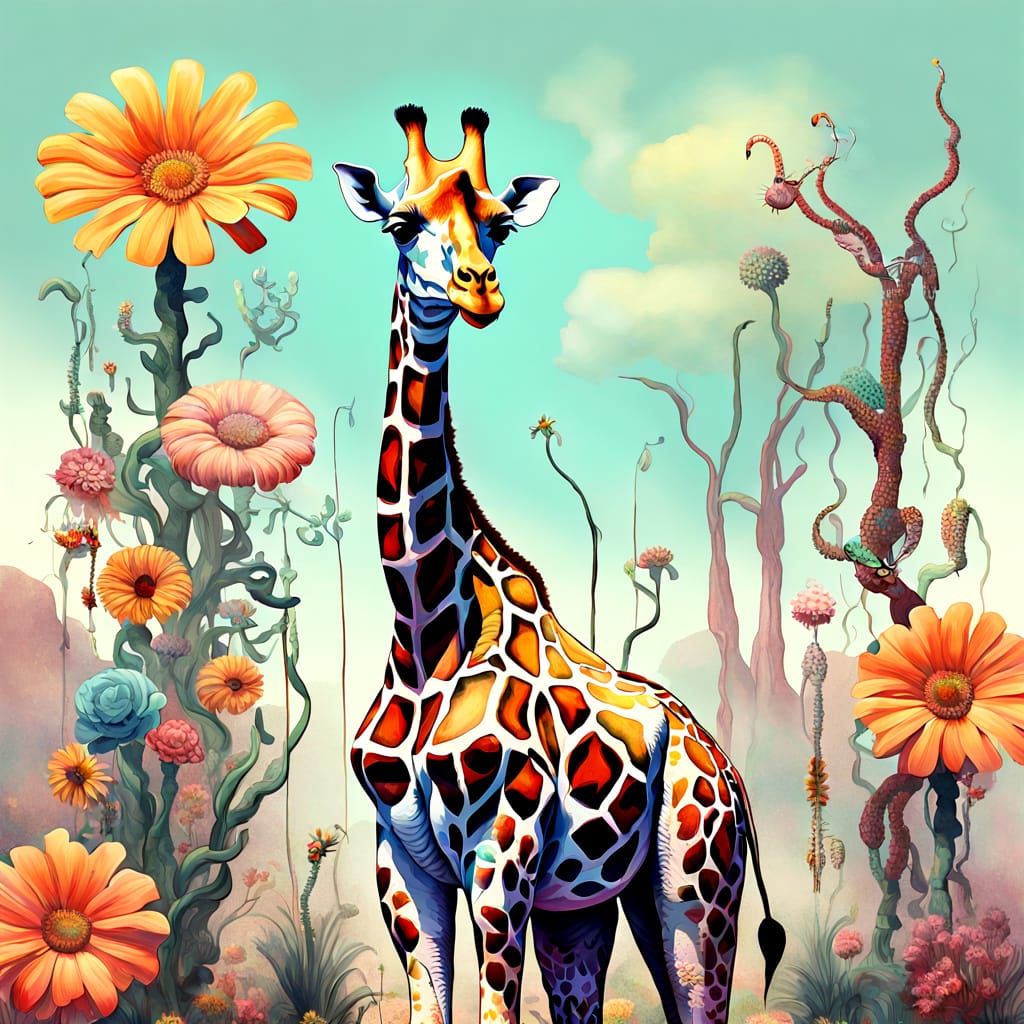 Surreal Giraffe Amidst Giant Insects in Ethereal Landscape
