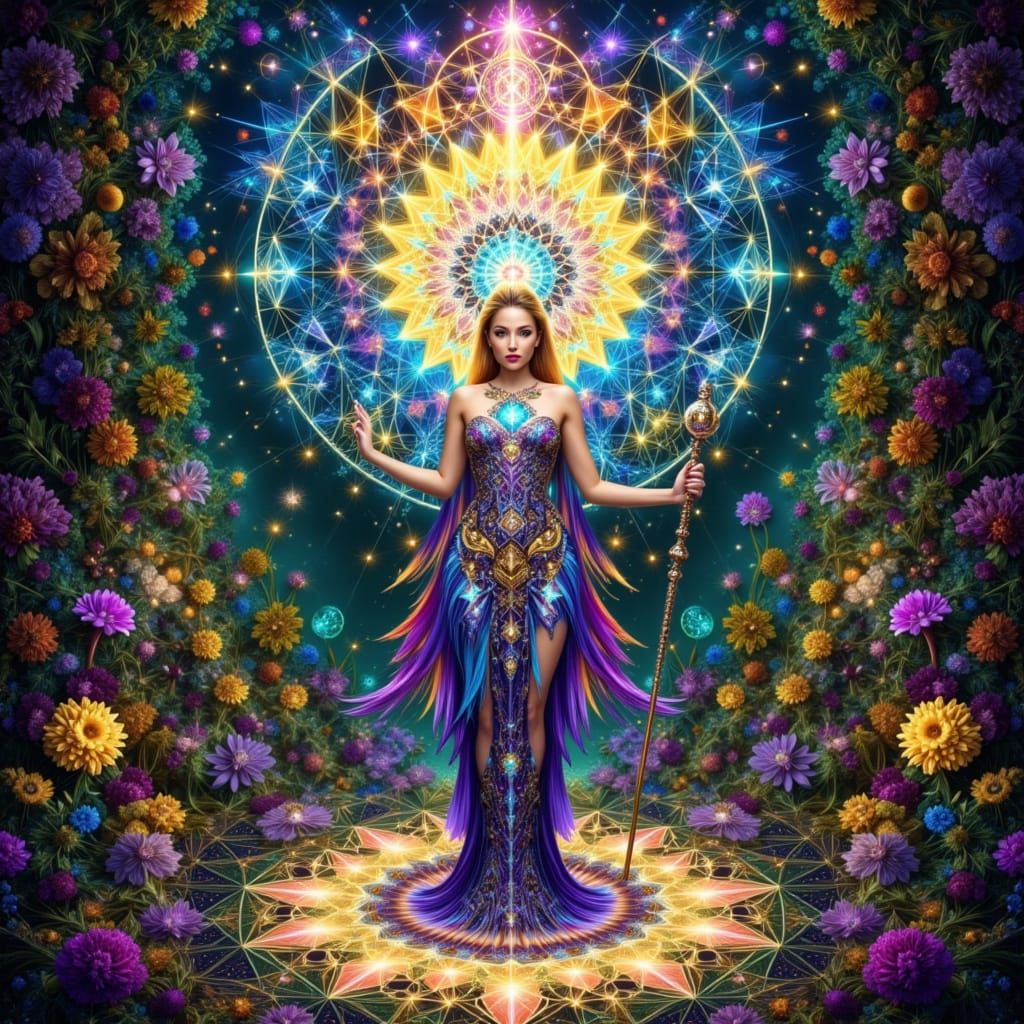 Kaleidoscope Goddess in Mystical Fractal Forest