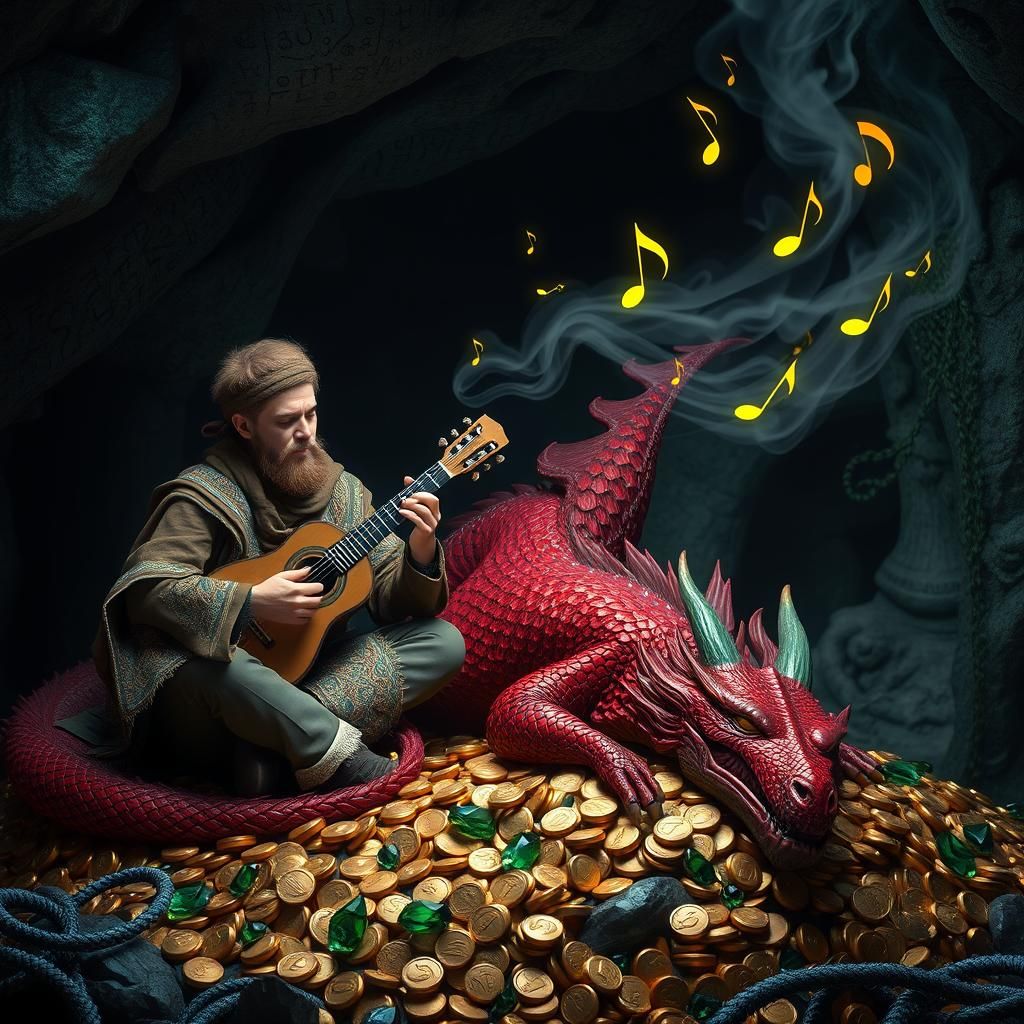 Bard's Song Calms a Dragon: A Fantasy Scene