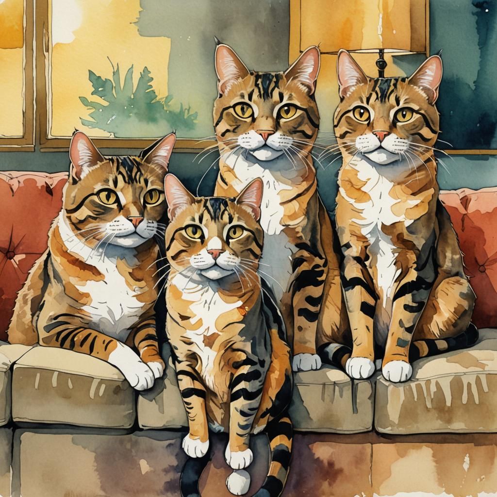 Cartoon Cats on Couch in Pen and Ink