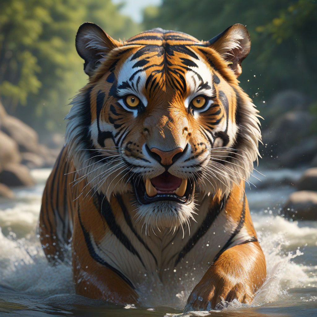 Triadic Bengal Tiger in Splashing River