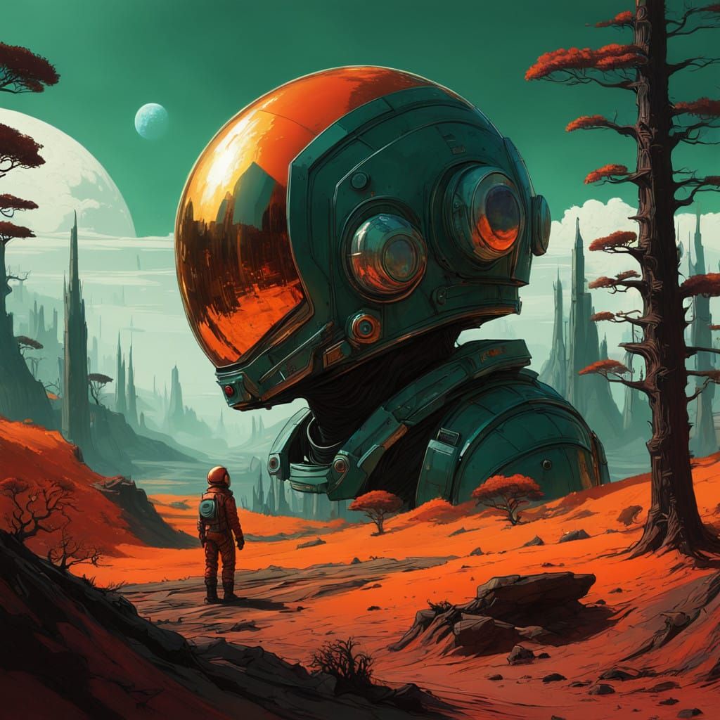 Astronaut Beckons from Haunting, Crimson Planet