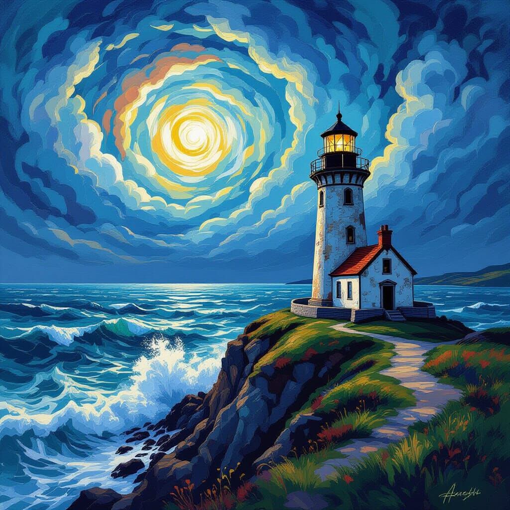 Lighthouse on Rugged Cliff in Neo-Impressionist Style