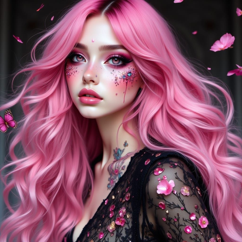 Gorgeous Fantasy Woman with Pink Hair and Makeup