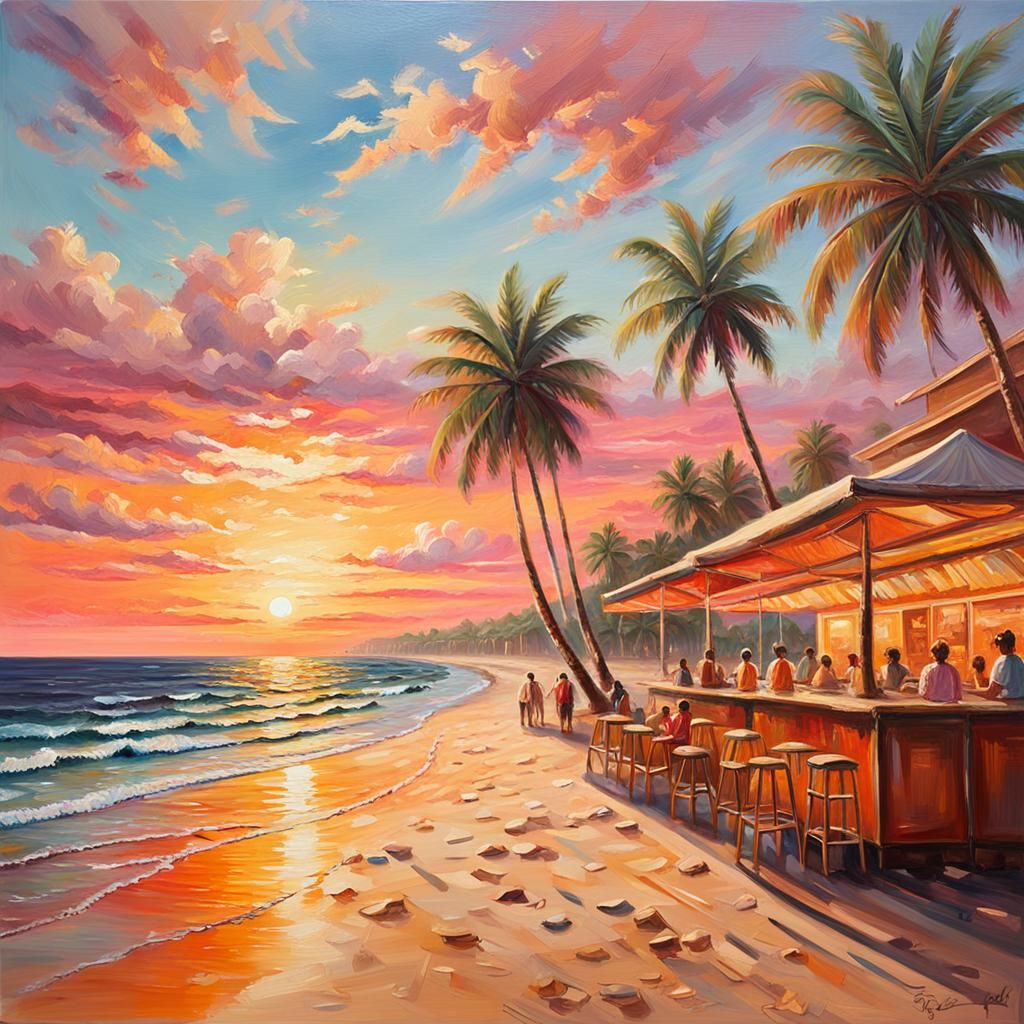 Tropical Beach Sunset: Impressionist Oil Painting