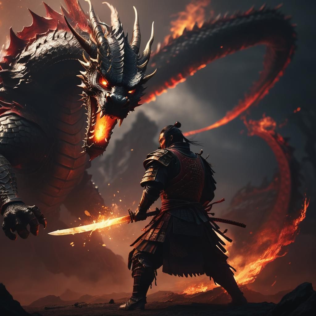 Ronin fighting a dragon Epic cinematic brilliant stunning in...