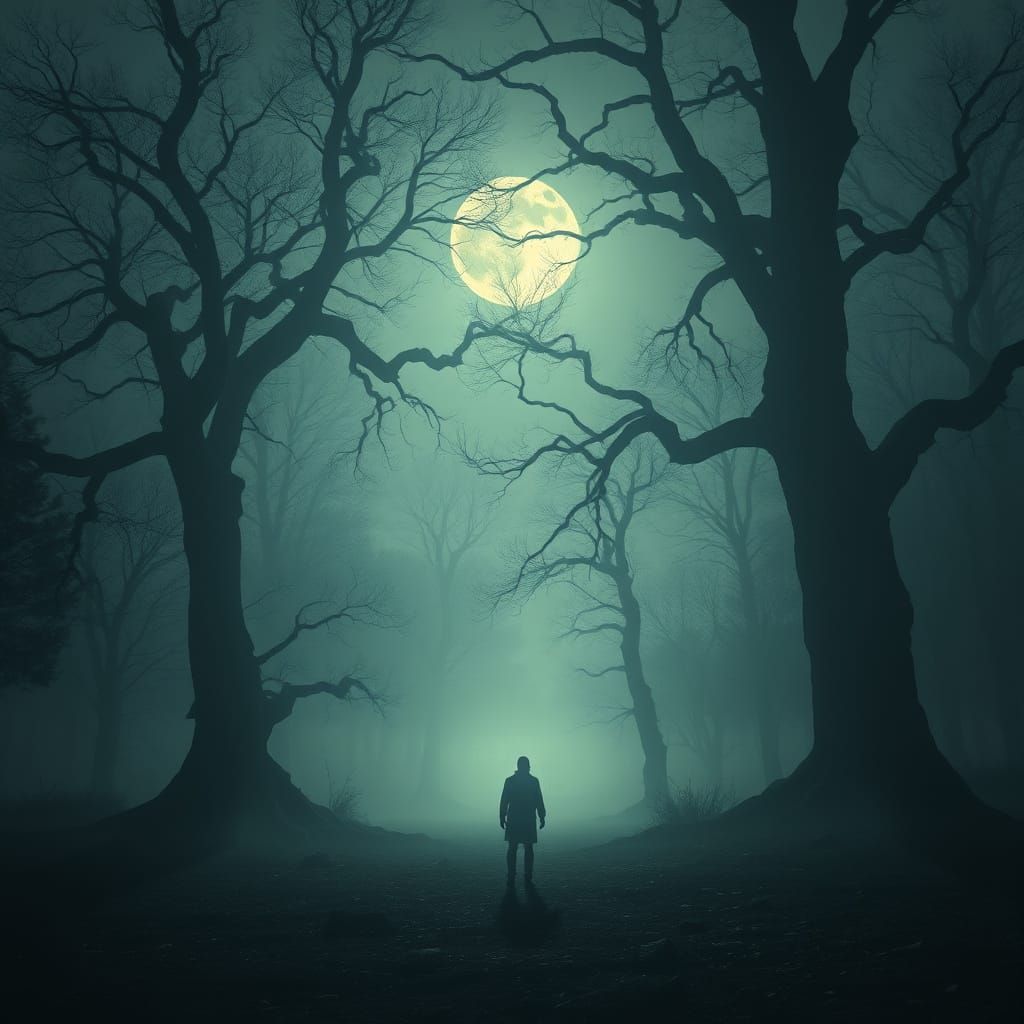 Moonlit Forest Clearing with Solitary Figure in Mist