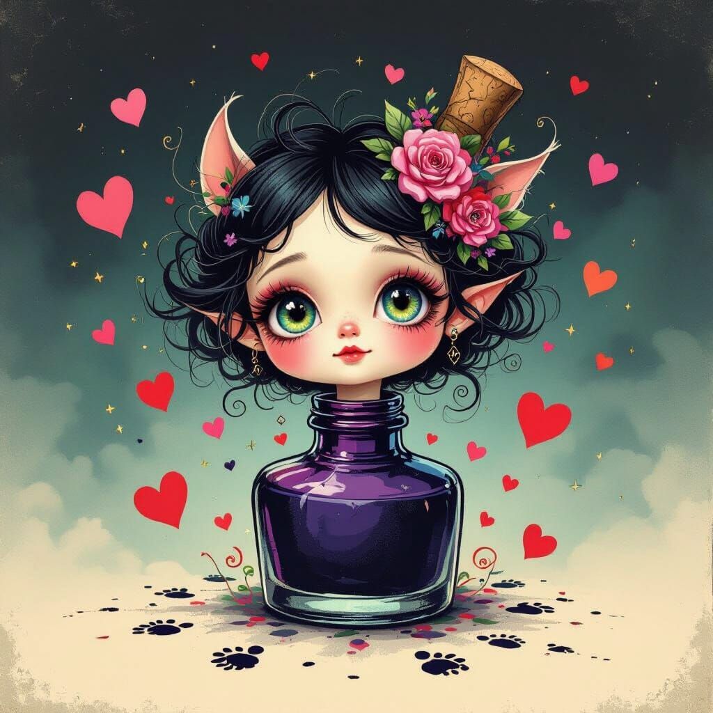 Whimsical Creature Emerges from Ink Bottle in Lowbrow Style