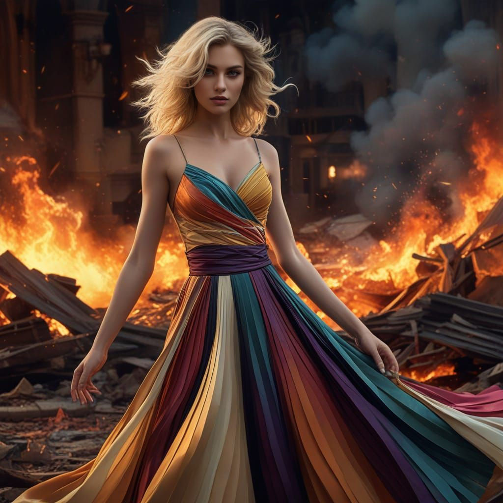 Seductress Woman With Flames And Wavy Blonde Hair