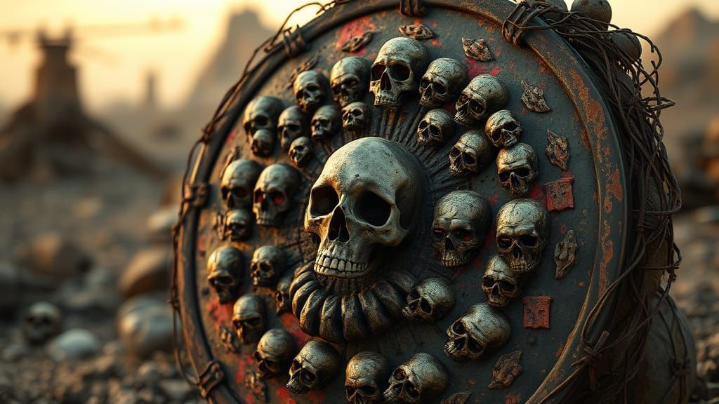 Battle-Scarred Shield of Skulls in Gritty Realism