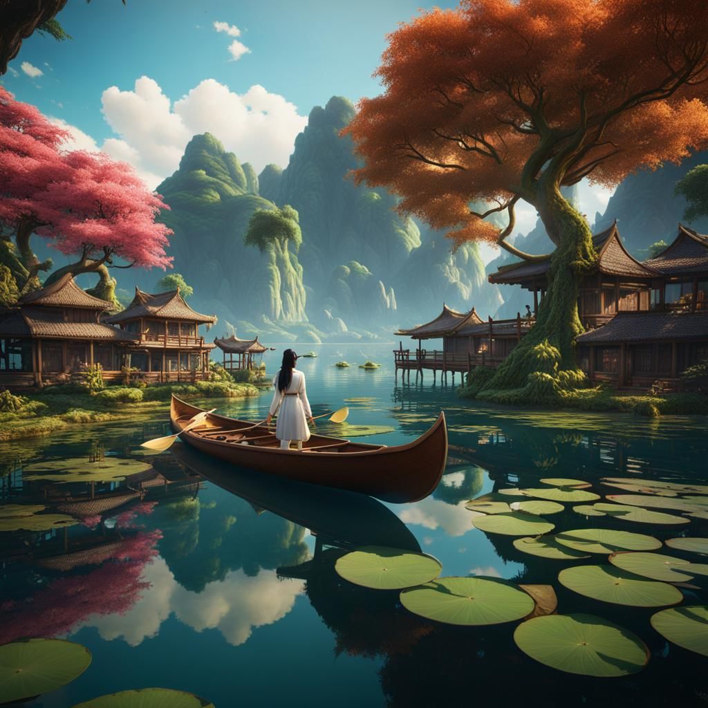 Lotus Lagoon: Girl in Canoe, Matte Painting