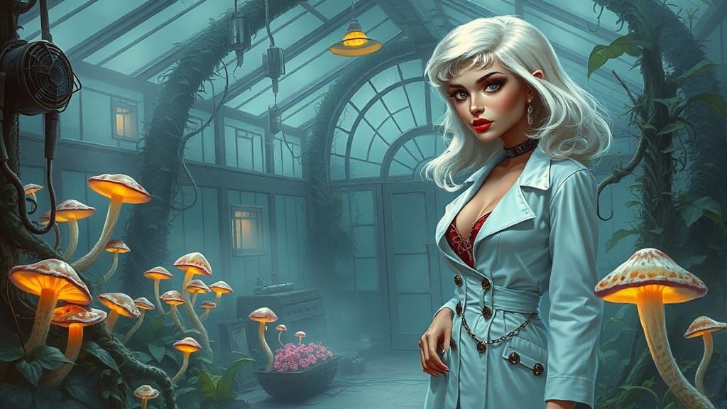 Creepy Greenhouse Exploration in Retro-Futuristic Style