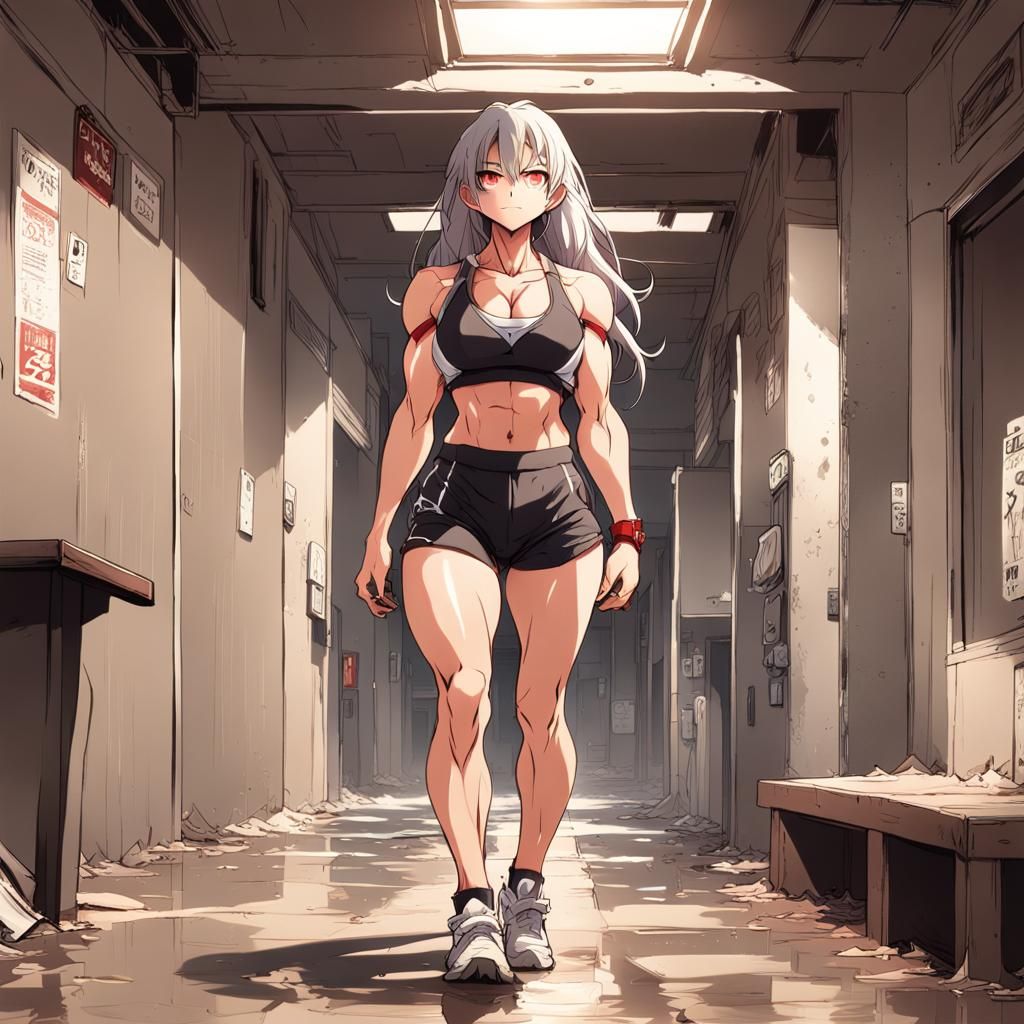 Muscular Woman in Motel Room, Anime Style