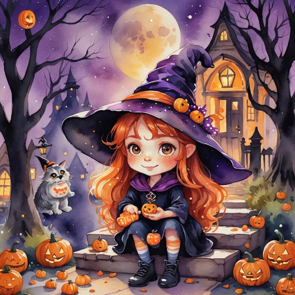 Adorable Chibi Witch in Whimsical Halloween Scene
