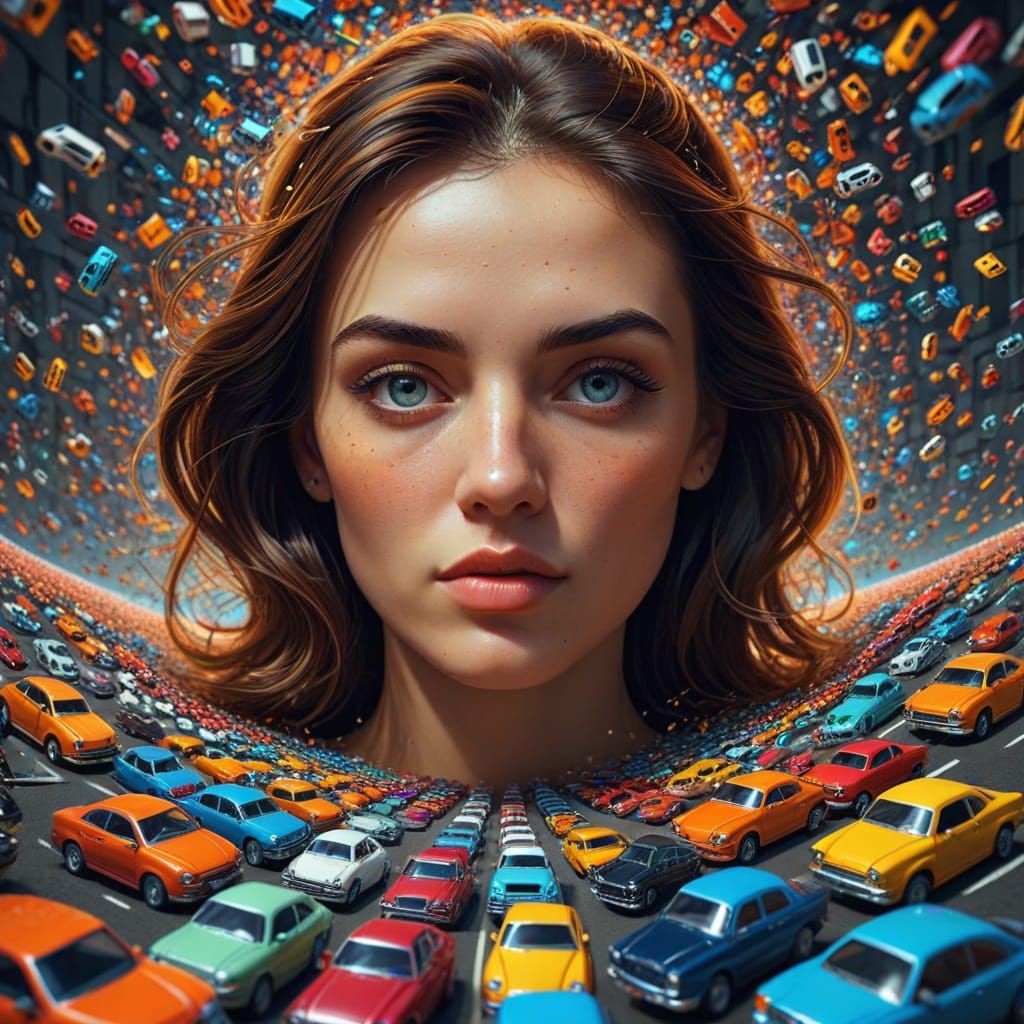 Droste Effect: Woman's Face Made of Tiny Cars