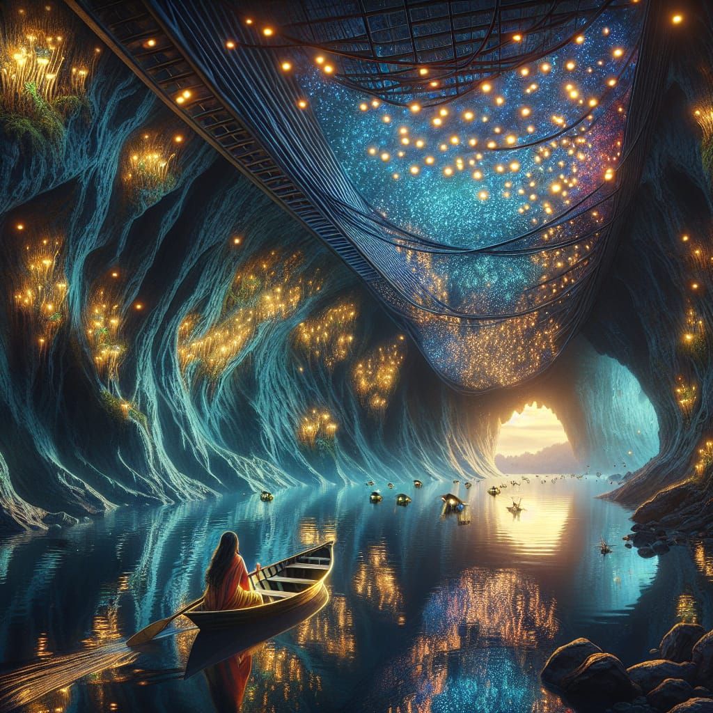 "Distorted reflections and shadows: A girl on a boat sailing through a cave in Waitomo, where <the ceiling is full of co...