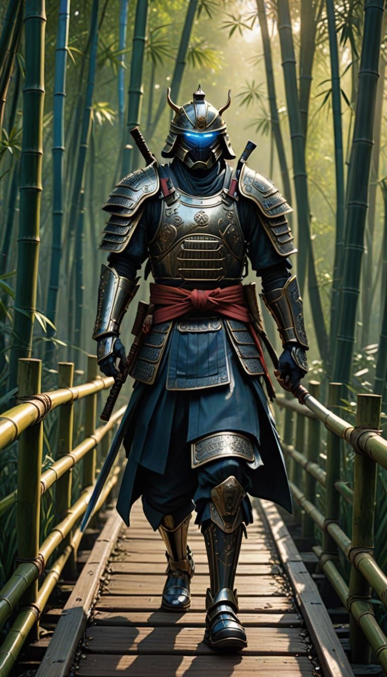 Samurai Warrior Confronts Robotic Ninjas in a Vibrant Bamboo...