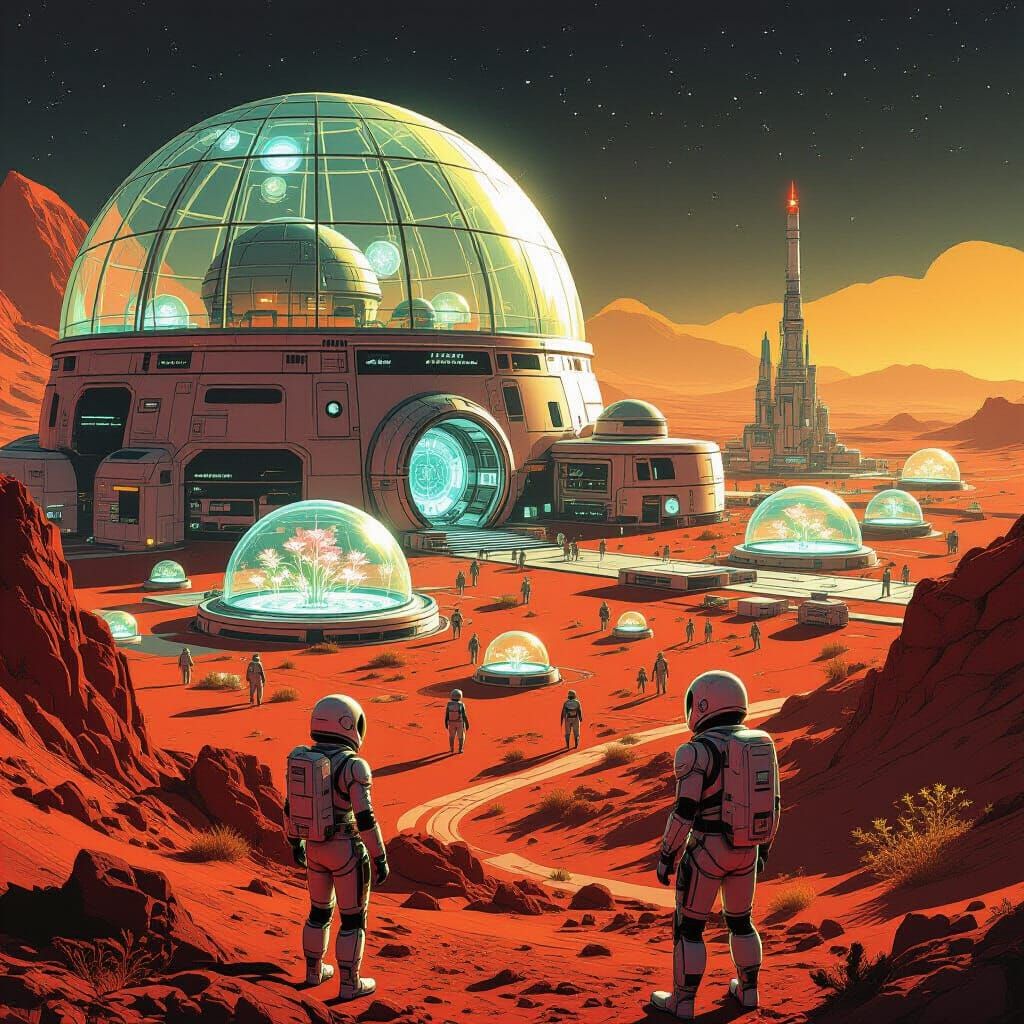 Martian City Dome with Bio-Labs in Retro-Futuristic Style