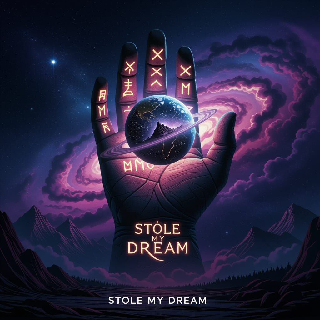 Ancient Stone Hand in Nebula Holds Planet, Dark Fantasy Styl...